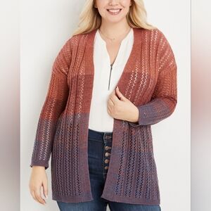 Maurices Ombre Open Front Pointelle Knit Cardigan Sweater Rust and Plum Size 3X